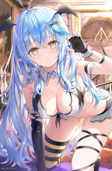 Anime picture 948x1450 with virtual youtuber hololive yukihana lamy rin yuu single long hair tall image looking at viewer blush fringe breasts light erotic hair between eyes large breasts signed yellow eyes blue hair cleavage ahoge indoors