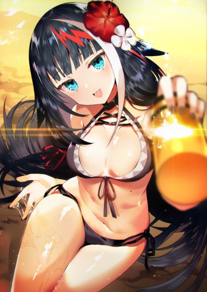 Anime picture 1062x1500 with azur lane deutschland (azur lane) deutschland (service time?!) (azur lane) tetsubuta single long hair tall image looking at viewer blush fringe breasts open mouth blue eyes light erotic black hair smile sitting bare shoulders holding payot