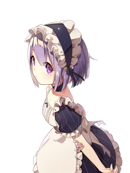 Anime picture 962x1280 with nico nico singer urashimasakatasen shima (niconico) sal single tall image looking at viewer short hair simple background standing white background purple eyes purple hair from above mole maid puffy sleeves mole under eye genderswap holding arm