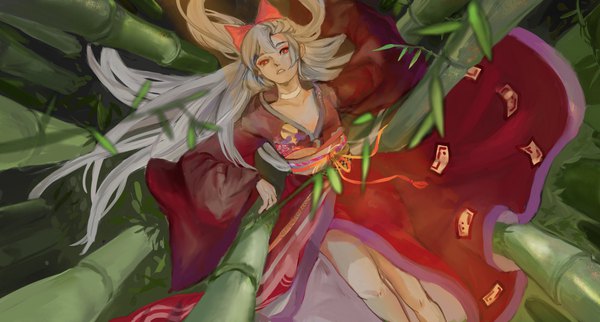 Anime picture 1920x1032 with touhou fujiwara no mokou koromi (liloi) single long hair looking at viewer fringe highres open mouth light erotic red eyes wide image cleavage silver hair lying traditional clothes parted lips japanese clothes from above wide sleeves