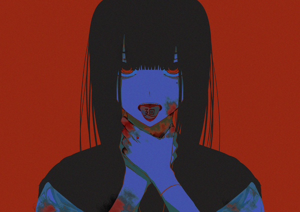 Anime picture 3508x2480 with original rin (rin7kan7) single long hair looking at viewer fringe highres black hair simple background red eyes absurdres upper body blunt bangs inscription mole mole under eye hieroglyph red background blood on face bloody clothes