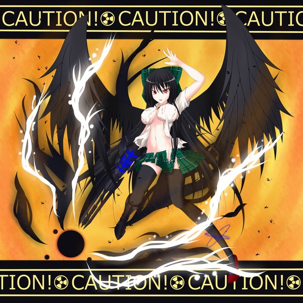 Anime picture 2000x2000 with touhou reiuji utsuho gmot single long hair highres breasts light erotic black hair red eyes torn clothes black wings arm cannon girl thighhighs skirt bow weapon black thighhighs hair bow