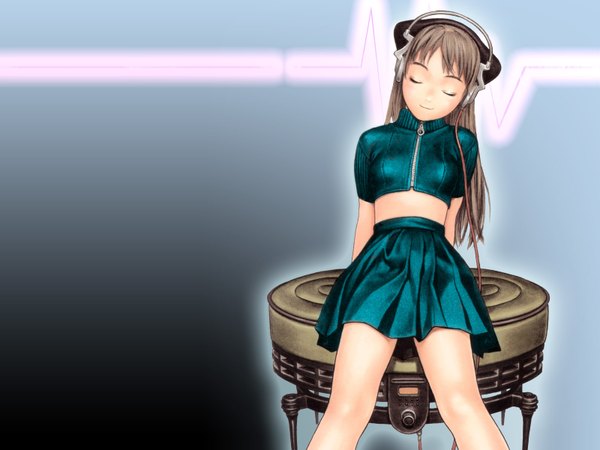 Anime picture 1600x1200 with range murata single long hair smile eyes closed pleated skirt grey hair short sleeves reclining third-party edit girl skirt headphones crop top zipper