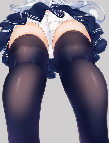 Anime picture 988x1288 with kantai collection hibiki destroyer niruanu (nitayam) single long hair tall image light erotic simple background standing silver hair ass pleated skirt from behind grey background from below legs head out of frame upskirt foreshortening kneepits