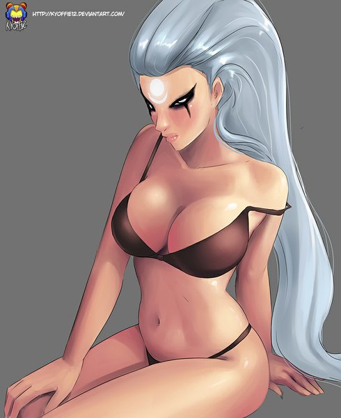 Anime picture 817x1000 with league of legends diana (league of legends) kyoffie12 single long hair tall image looking at viewer blush breasts light erotic simple background large breasts silver hair grey background underwear only silver eyes girl navel underwear panties