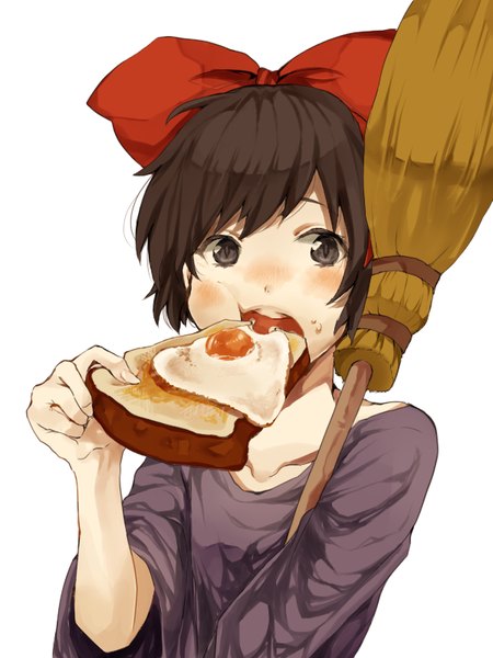 Anime picture 600x800 with kiki's delivery service studio ghibli kiki akamega single tall image blush fringe short hair open mouth simple background brown hair white background holding brown eyes wide sleeves eating girl bow hair bow