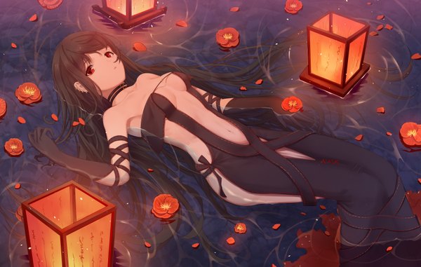 Anime picture 6600x4200 with fate (series) fate/grand order yu mei-ren (fate) akuta hinako oisy single long hair looking at viewer fringe highres breasts open mouth light erotic black hair red eyes bare shoulders payot absurdres bent knee (knees) lying