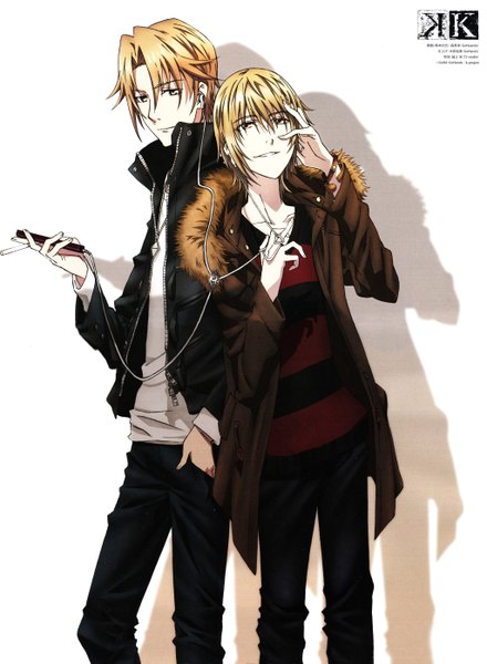 Anime picture 2048x2794 with k-project ipod gohands (studio) kusanagi izumo totsuka tatara tall image looking at viewer highres short hair simple background blonde hair smile white background yellow eyes looking away light smile scan multiple boys hand in pocket hand on face