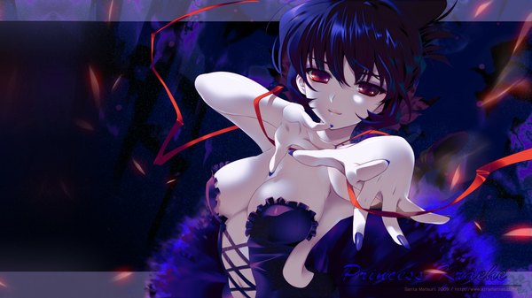 Anime picture 2133x1200 with princess tutu rue kuroha princess kraehe santa matsuri single looking at viewer highres short hair breasts light erotic red eyes wide image blue hair girl dress ribbon (ribbons)