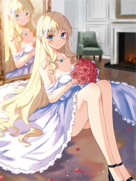 Anime picture 1535x2048 with princess connect! re:dive princess connect! saren (princess connect!) holmemee single long hair tall image looking at viewer blush fringe breasts blue eyes blonde hair smile sitting holding cleavage bent knee (knees) indoors blunt bangs