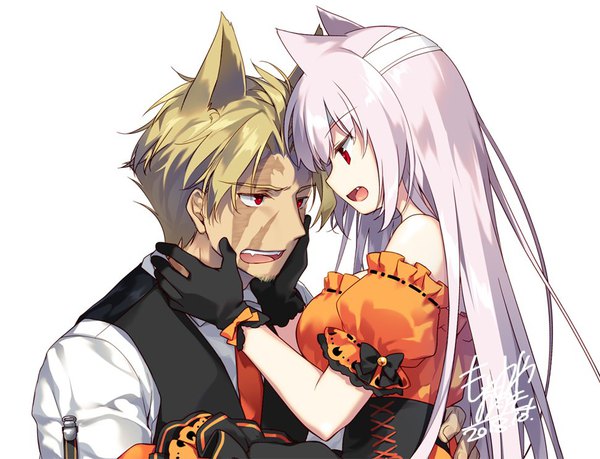 Anime picture 971x743 with fate (series) fate/grand order florence nightingale (fate) beowulf (fate/grand order) motomiya mitsuki long hair fringe short hair open mouth simple background blonde hair red eyes white background signed animal ears silver hair tail :d animal tail cat ears