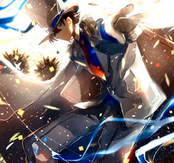 Anime picture 1280x1195 with detective conan magic kaito kaito kid kuroba kaito tsugutoku single fringe short hair blue eyes smile hair between eyes brown hair looking away bent knee (knees) leaning leaning forward outstretched arm boy gloves flower (flowers)