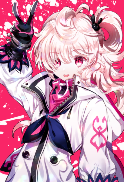 Anime picture 750x1100 with elsword laby (elsword) rumble pumn (elsword) dabi (dabibubi) single long hair tall image fringe hair between eyes pink hair upper body pink eyes arm up side ponytail victory :p girl gloves jacket tongue
