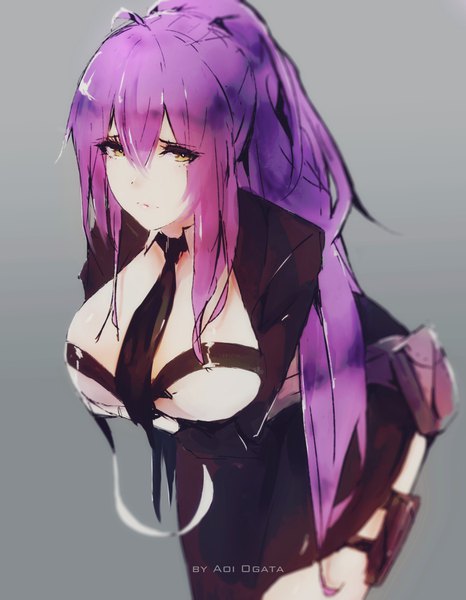 Anime picture 2800x3600 with original aoi ogata single long hair tall image looking at viewer fringe highres breasts light erotic simple background hair between eyes large breasts purple hair ponytail head tilt grey background leaning leaning forward girl