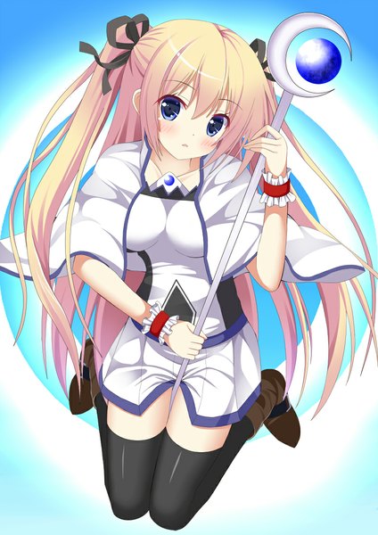 Anime picture 800x1131 with original ro-ichi single long hair tall image looking at viewer blush blue eyes blonde hair girl thighhighs ribbon (ribbons) black thighhighs hair ribbon staff