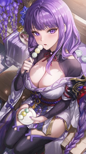 Anime picture 2660x4772 with genshin impact raiden shogun ryu o single long hair tall image looking at viewer blush fringe highres breasts open mouth light erotic large breasts holding braid (braids) nail polish traditional clothes japanese clothes from above