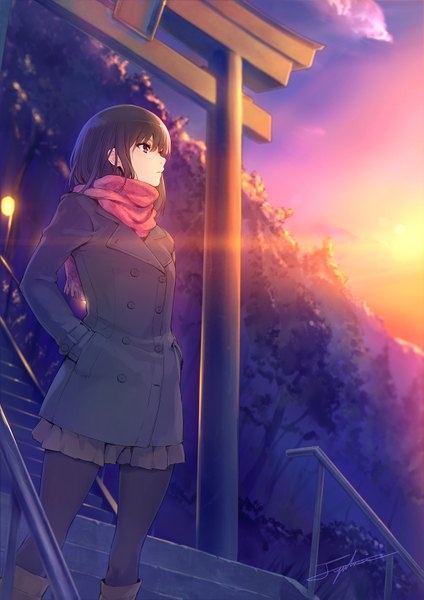 Anime picture 1157x1637 with original yuranpo single long hair tall image blue eyes black hair signed looking away evening sunset hands in pockets girl plant (plants) pantyhose tree (trees) shoes jacket scarf sun