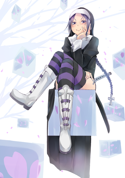 Anime picture 827x1169 with yozakura quartet fu-ta single long hair tall image looking at viewer blush smile sitting purple eyes purple hair full body braid (braids) crossed legs single braid nun girl thighhighs weapon petals