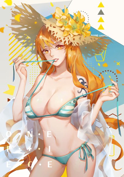 Anime picture 1000x1422 with one piece toei animation nami (one piece) dywx poison single long hair tall image breasts light erotic large breasts holding parted lips orange hair orange eyes tattoo copyright name character names mouth hold untied girl