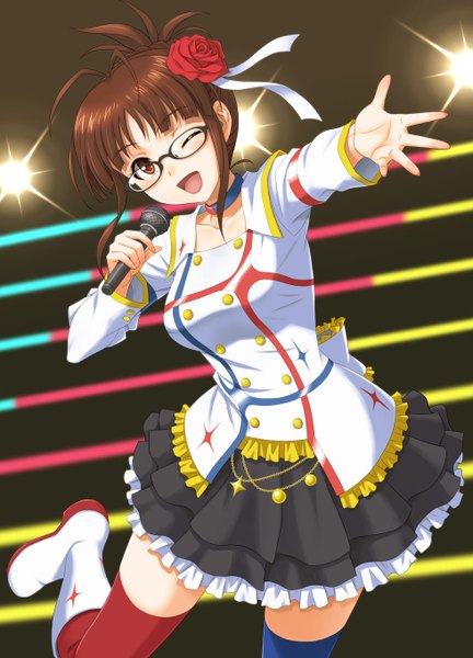 Anime picture 980x1362 with idolmaster idolmaster movie akizuki ritsuko hida tatsuo single long hair tall image blush open mouth smile brown hair brown eyes bent knee (knees) :d pleated skirt one eye closed hair flower wink girl thighhighs