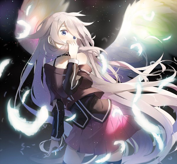 Anime picture 1611x1500 with vocaloid ia (vocaloid) alexmaster single looking at viewer blush blue eyes silver hair very long hair sparkle space girl thighhighs skirt miniskirt wings choker star (stars) feather (feathers) blouse