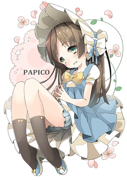 Anime picture 707x1000 with original papico (ice cream) papico chitetan single long hair tall image blush brown hair white background sitting looking away aqua eyes character names girl dress hat petals socks black socks