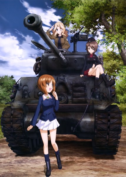 Anime picture 2894x4060 with girls und panzer nishizumi miho nishizumi maho kay (girls und panzer) long hair tall image highres short hair blonde hair brown hair multiple girls brown eyes one eye closed wink scan official art girl skirt weapon miniskirt