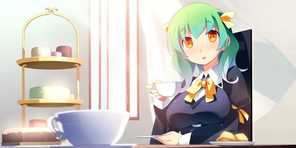 Anime picture 2400x1200 with kaminoyu (game) long hair highres open mouth wide image game cg green hair orange eyes girl cup