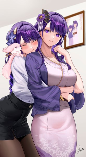 Anime picture 1100x2000 with genshin impact raiden shogun yae miko yae miko (fox) makoto (genshin impact) piukute062 long hair tall image blush fringe breasts smile large breasts purple eyes multiple girls signed purple hair indoors blunt bangs braid (braids)