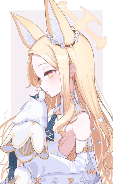 Anime picture 1000x1627 with blue archive seia (blue archive) aibon single long hair tall image simple background blonde hair animal ears yellow eyes upper body profile grey background fox ears border outside border multicolored eyes bird on hand girl detached sleeves