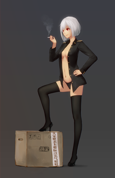 Anime picture 1000x1546 with original maredoro single tall image short hair light erotic simple background red eyes white hair open clothes open shirt smoking girl thighhighs navel underwear panties black thighhighs shirt box