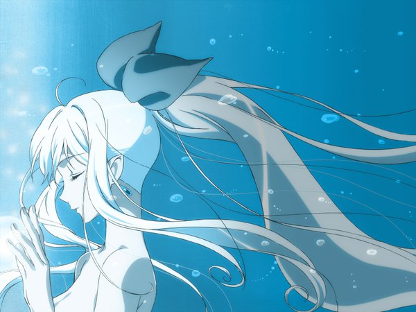 Anime picture 1600x1200 with umi monogatari zexcs marin long hair light erotic ponytail eyes closed profile no bra blue background underwater girl ribbon (ribbons) hair ribbon earrings bubble (bubbles)