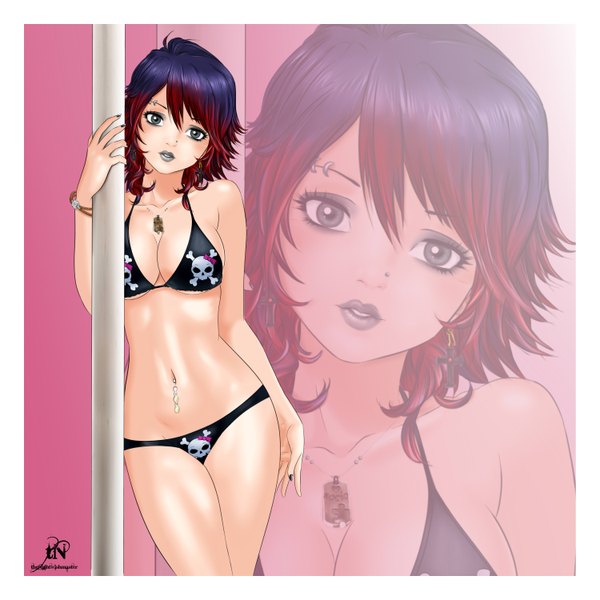 Anime picture 3000x3000 with canvas of life (manga) rocio (canvas of life) thenightwishmaster single long hair looking at viewer highres light erotic multicolored hair black eyes two-tone hair piercing borrowed character girl navel swimsuit earrings bikini choker black bikini