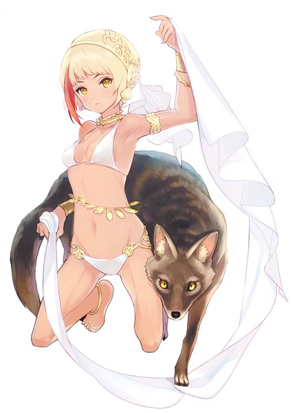 Anime picture 800x1119 with original kissai tall image looking at viewer fringe short hair light erotic simple background blonde hair standing white background bare shoulders yellow eyes pink hair bent knee (knees) multicolored hair two-tone hair bare belly bare legs streaked hair