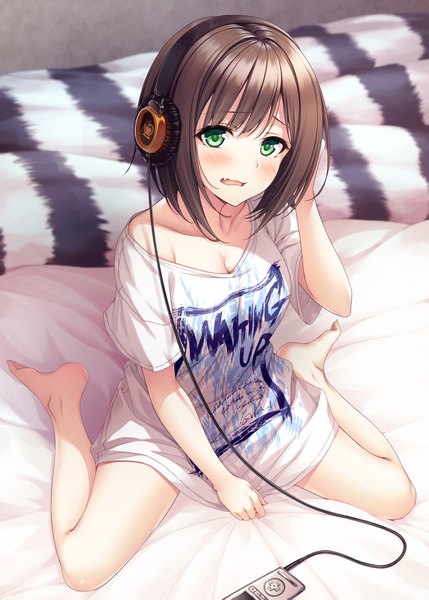 Anime picture 1296x1813 with idolmaster idolmaster cinderella girls maekawa miku tada riina hasumi (hasubatake39) single tall image looking at viewer blush fringe short hair breasts open mouth light erotic brown hair sitting green eyes cleavage full body barefoot