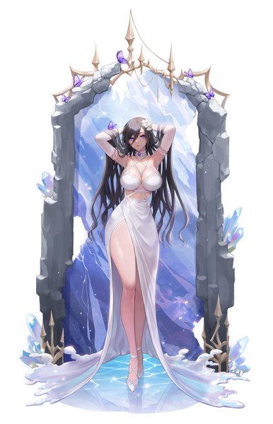Anime picture 2633x4096 with original clearpage single long hair tall image looking at viewer fringe highres breasts light erotic black hair simple background hair between eyes large breasts standing white background purple eyes full body parted lips hair flower