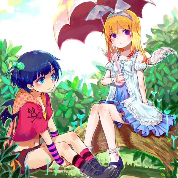 Anime picture 2362x2362 with original sono (pixiv) blush highres short hair blue eyes black hair blonde hair sitting purple eyes multiple girls striped angel wings bat wings girl bow 2 girls plant (plants) wings shorts