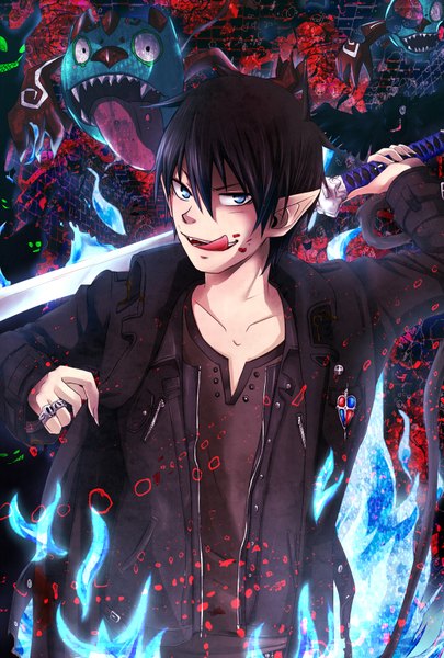 Anime picture 1181x1748 with ao no exorcist a-1 pictures okumura rin single tall image looking at viewer fringe short hair open mouth blue eyes fingernails pointy ears glowing glowing eye (eyes) long fingernails demon crazy boy weapon sword