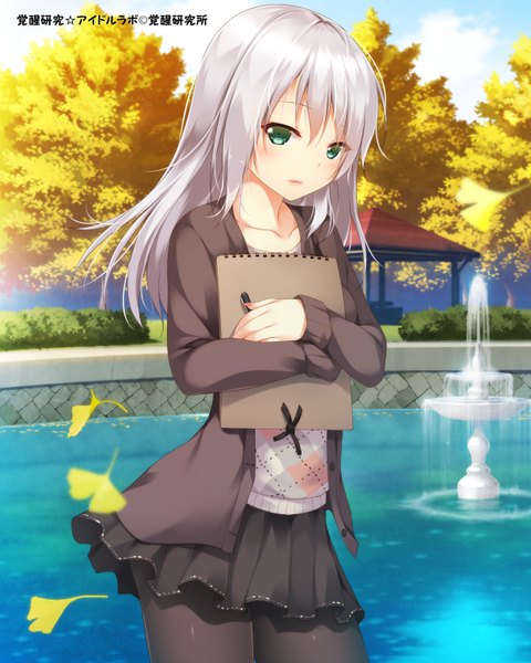Anime picture 1240x1550 with original shokuyou mogura single long hair tall image looking at viewer blue eyes white hair girl skirt plant (plants) pantyhose tree (trees) leaf (leaves) ginkgo fountain sketchbook