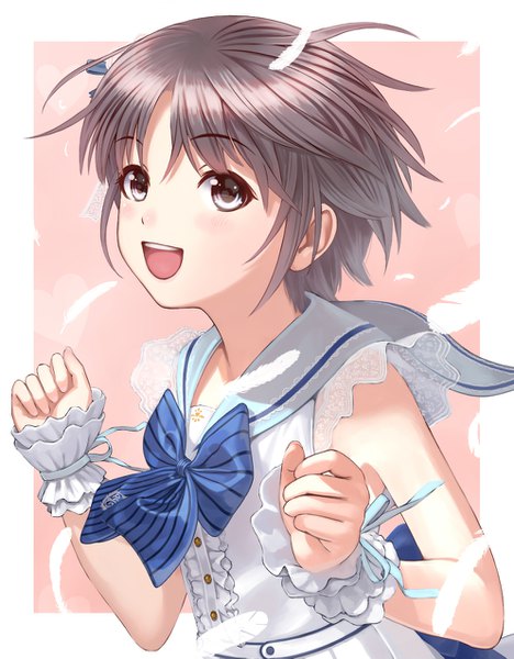 Anime picture 993x1273 with idolmaster idolmaster cinderella girls otokura yuuki nekopuchi single tall image blush short hair open mouth brown hair brown eyes upper body :d border pink background sailor collar come with me! girl wrist cuffs feather (feathers)