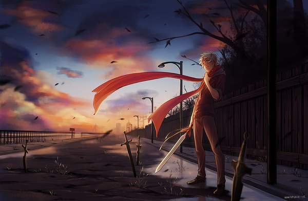 Anime picture 1242x810 with kings folly whispwill single short hair standing signed looking away sky cloud (clouds) full body outdoors white hair wind city evening sunset cityscape twisty sleeves boy weapon