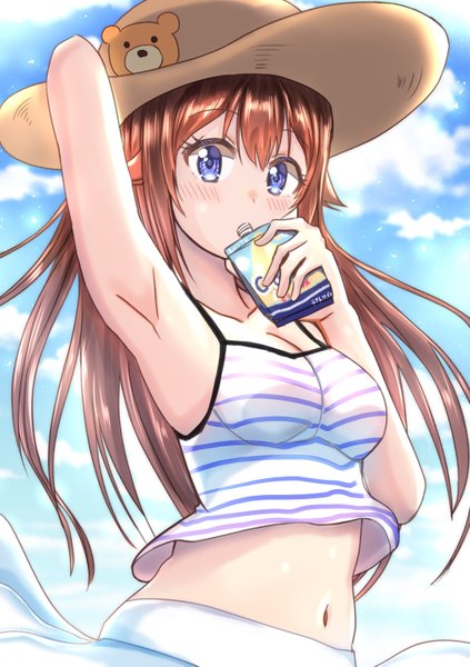Anime picture 2039x2894 with virtual youtuber hololive tokino sora nootomo single long hair tall image looking at viewer blush fringe highres breasts hair between eyes brown hair standing holding sky cloud (clouds) outdoors arm up