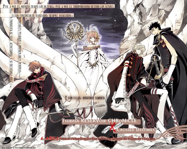 Anime picture 1280x1024 with tsubasa reservoir chronicle clamp sakura hime syaoran mokona fay d flourite kurogane