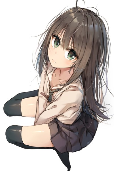 Anime picture 1132x1688 with idolmaster idolmaster cinderella girls shibuya rin rikoma single long hair tall image looking at viewer fringe black hair simple background hair between eyes white background sitting green eyes full body ahoge bent knee (knees) pleated skirt from above