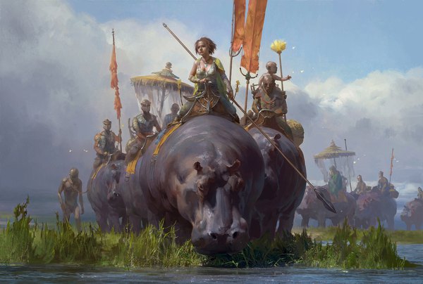 イラスト 1920x1293 と オリジナル tianhua xu カメラ目線 highres 短い髪 おっぱい 座る holding looking away 空 cloud (clouds) river riding bald slave 武器 植物 動物 草 槍