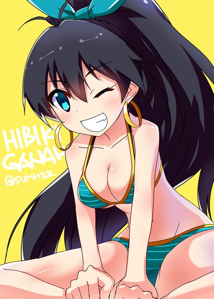 Anime picture 800x1119 with idolmaster ganaha hibiki sagamihara sakyou single long hair tall image looking at viewer blush breasts light erotic black hair sitting green eyes cleavage ponytail character names grin girl ribbon (ribbons) swimsuit