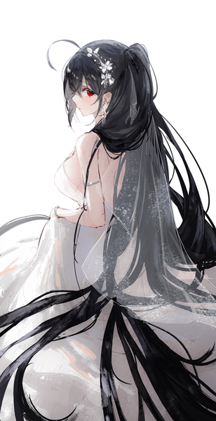 Anime picture 2234x4356 with azur lane taihou (azur lane) taihou (temptation on the sea breeze) (azur lane) matsogum single tall image highres black hair simple background red eyes white background ahoge very long hair profile looking back from behind one side up official alternate costume girl dress