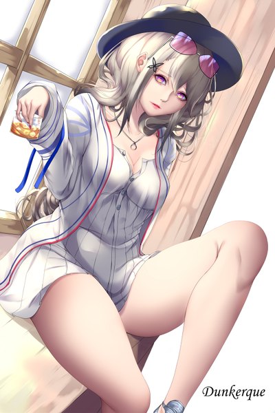 Anime picture 1170x1752 with azur lane dunkerque (azur lane) dunkerque (afternoon venus) (azur lane) shiro usagi single long hair tall image looking at viewer fringe breasts blonde hair simple background hair between eyes large breasts white background sitting purple eyes holding payot cleavage