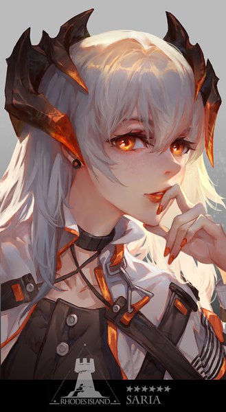 Anime picture 700x1276 with arknights saria (arknights) train hb single long hair tall image looking at viewer fringe simple background hair between eyes silver hair upper body nail polish horn (horns) fingernails orange eyes character names lipstick hand to mouth orange lipstick