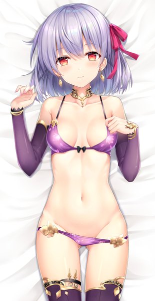 Anime picture 2119x4096 with fate (series) fate/grand order kama (fate) rin yuu single tall image looking at viewer blush fringe highres short hair breasts light erotic smile hair between eyes red eyes bare shoulders cleavage silver hair lying